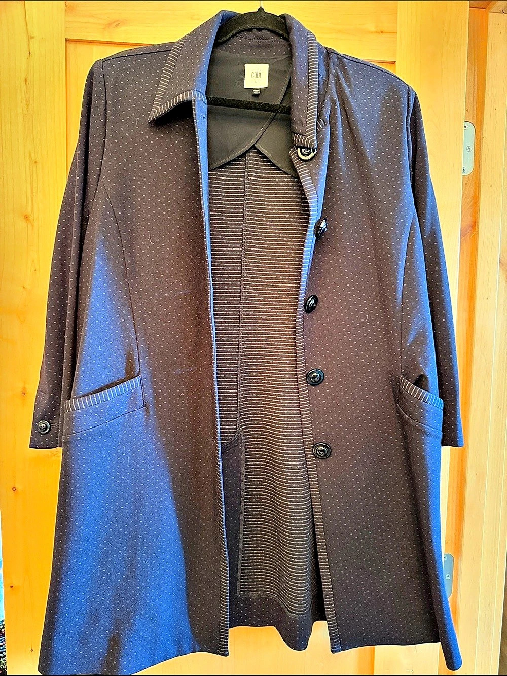 Cabi Carriage Jacket Polka Dot Trench Coat Black & Blue Large